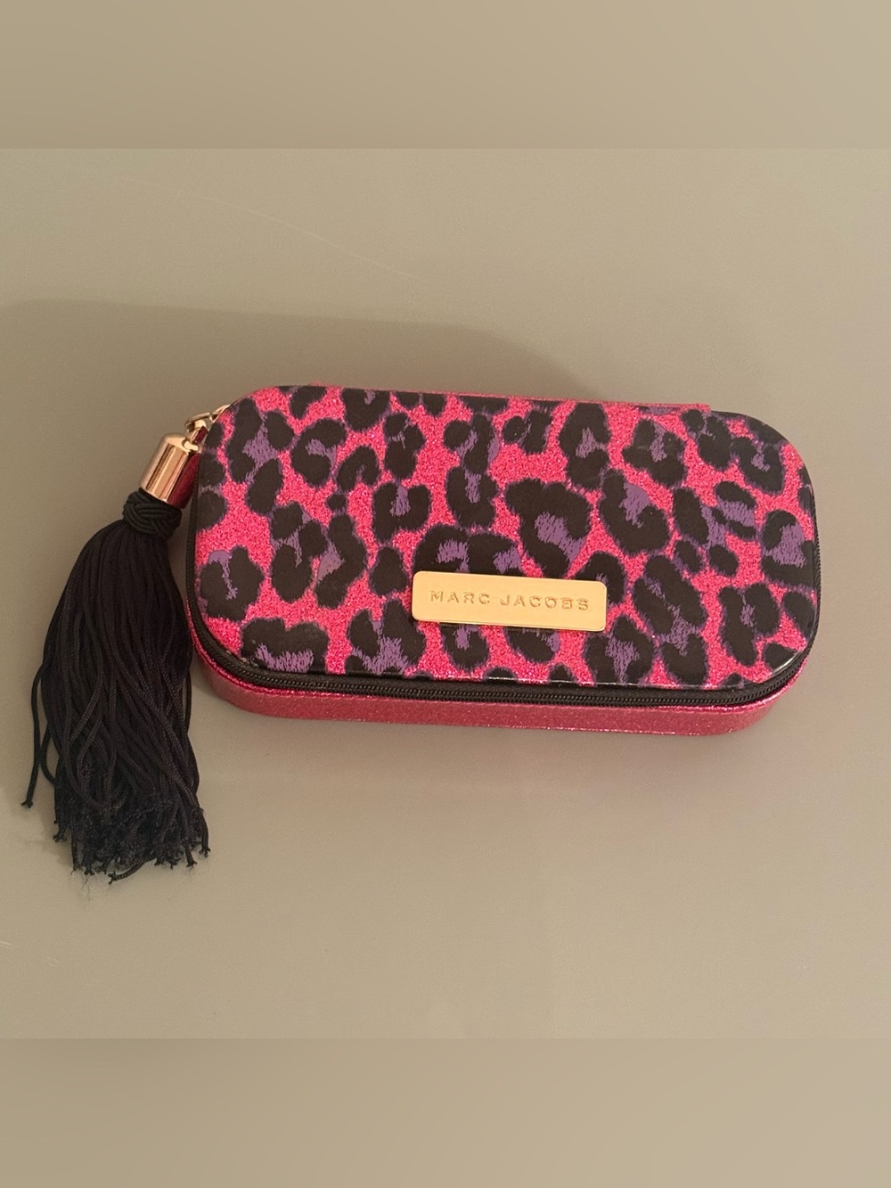 MARC JACOBS Pink Glitter Black Leopard Print MakeUp Bag Cosmetics Case Zippered